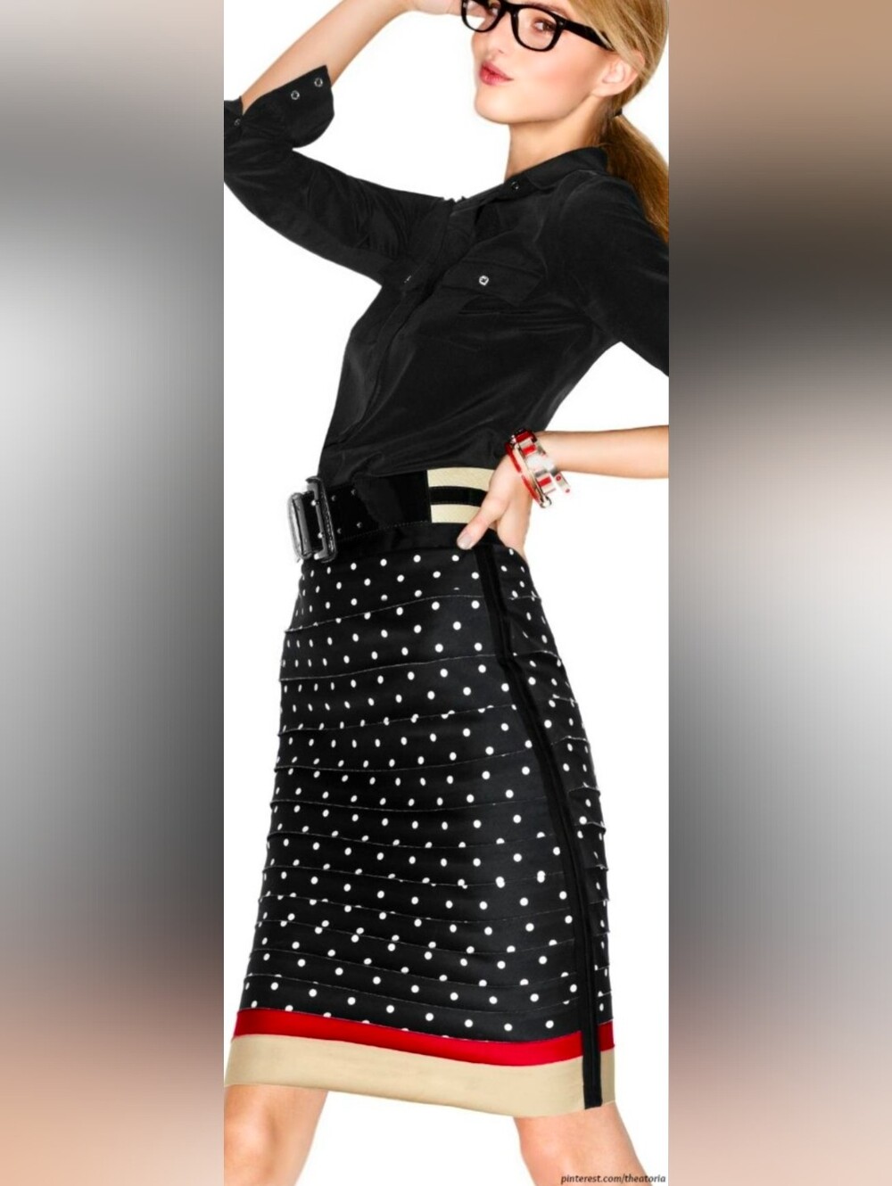 White House Black Market Black Polka Dot Pencil Skirt Red and Cream Hem Size 6
